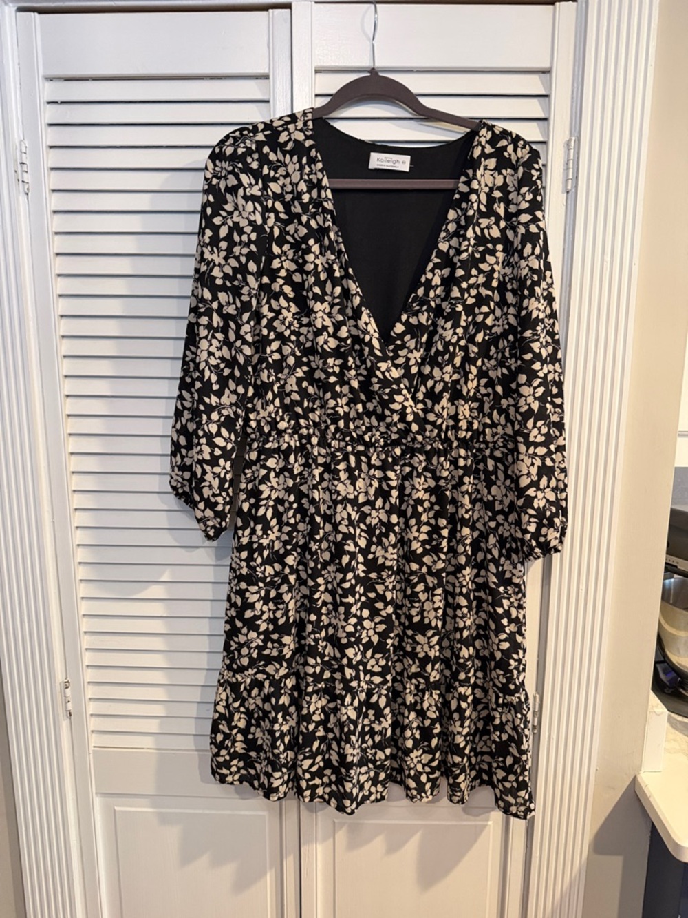 Black Dress with Cream Floral Print, V-Neck Mini